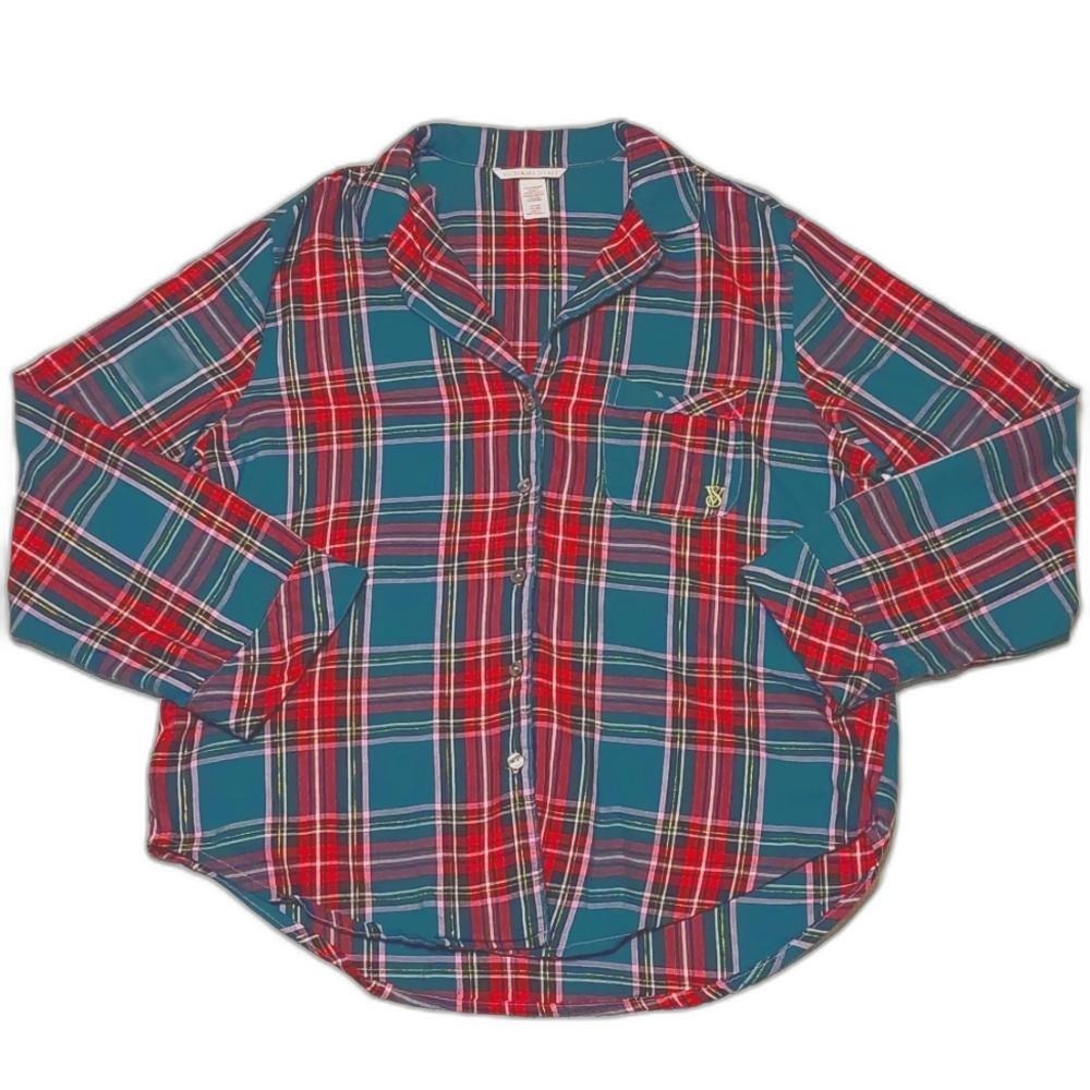 Victoria's Secret Teal‎ Red Gold Plaid Flannel Pajama Top Metallic Thread Small